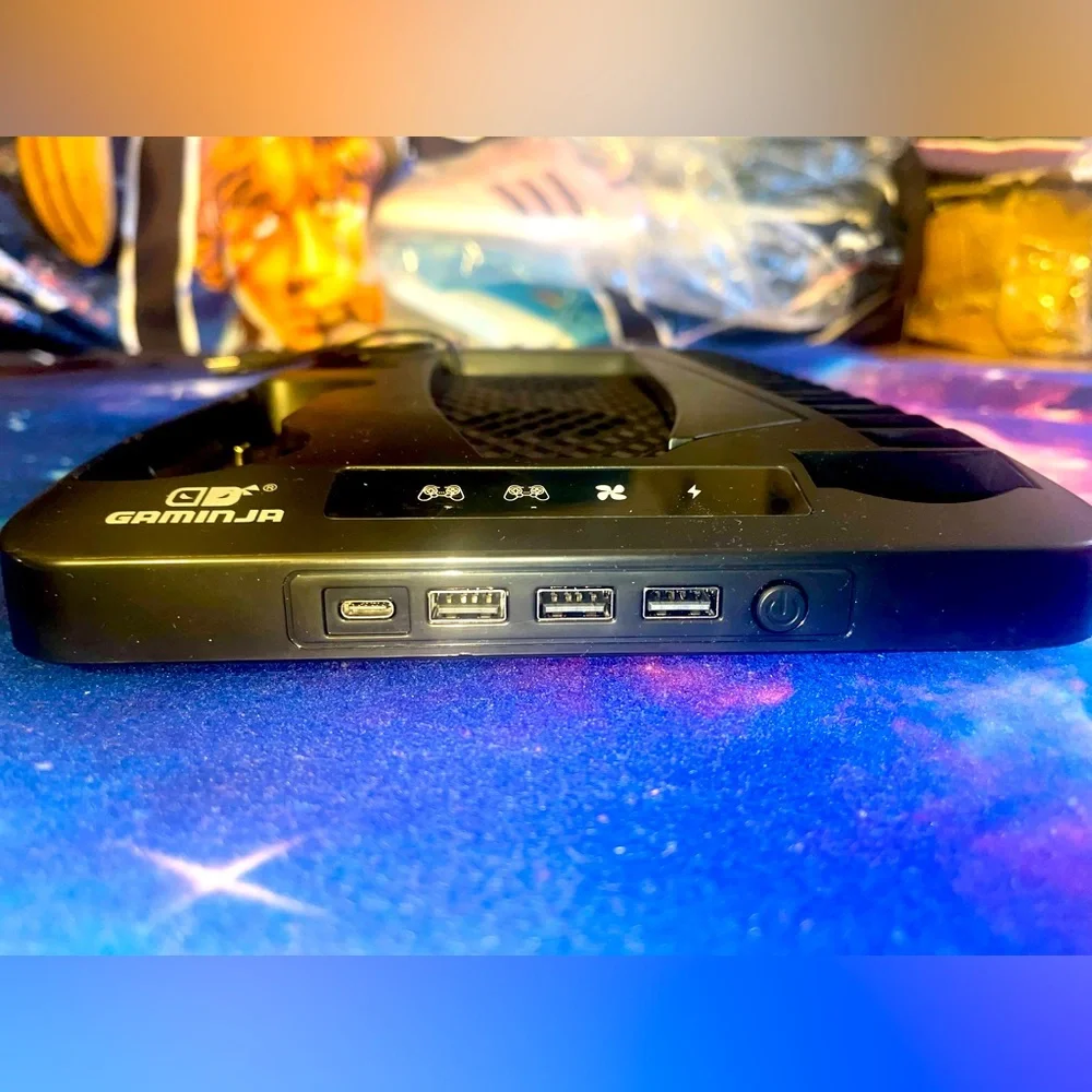 Black PS5 cooling stand w/remote charger docks
